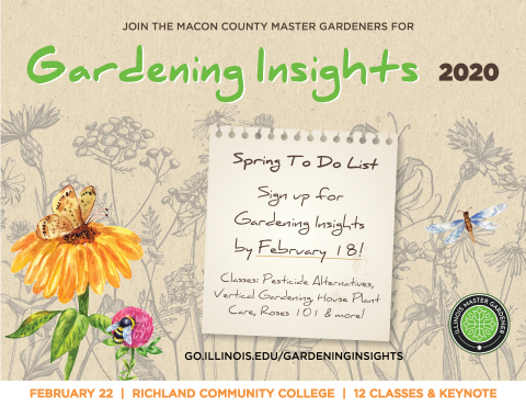 Tan background with green font that says Gardening Insights. Spring To Do List to sign up by February 18. Butterflies and dragonflies featured.