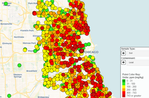 Map of Chicago with colored dots showing lead concentration levels in the soil. 
