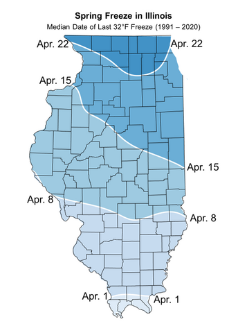 A map of Illinois showing five different colors demonstrating the last frost date in different regions