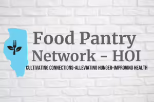 brick wall background, blue image representing state of Illinois, words Food Pantry Network - HOI Cultivating Connections - Alleviating Hunger - Improving Health