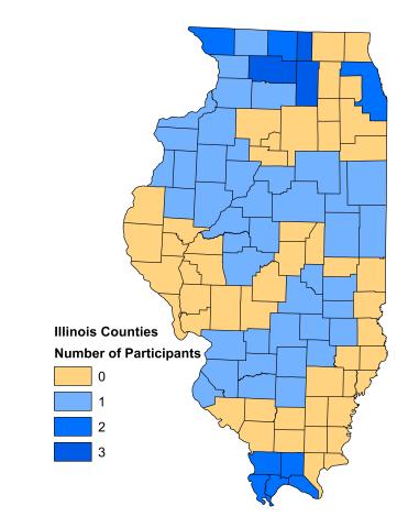 "Map of Illinois counties with blue counties showing participation in the program