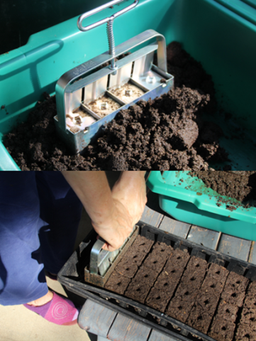 "Top: Block ejection mold, that when filled creates four 2" x 2" x2" soil blocks.  Bottom: Ejecting soil blocks in a web tray and ready for seeding."