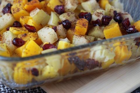 Casserole with apples, cranberries, and butternut squash