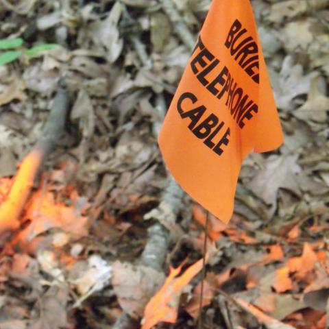 Orange flag marks the location of an underground utility line in a leaf-covered yard..