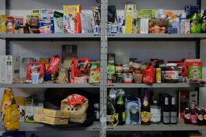 food pantry items on metal shelf