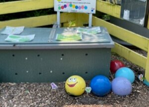 composting box and colorful balls