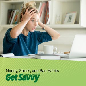 woman upset over money. webinar on money, stress and bad habits