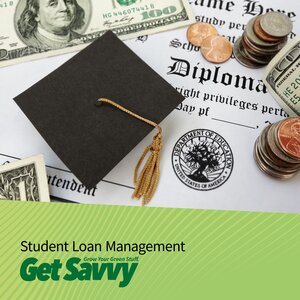 student loan management diploma, dollar bill, and graduation cap