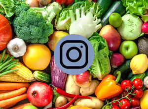 Various fruits and vegetables with Instagram logo in the middle.