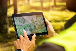 hands holding a tablet showing a mapping system