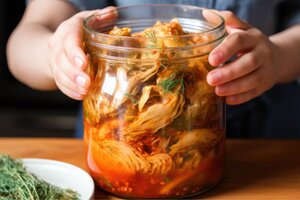 open jar of kimchi in brine solution