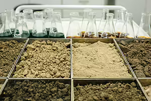 Trays of soil sample varieties sitting on a tray to be tested in a lab