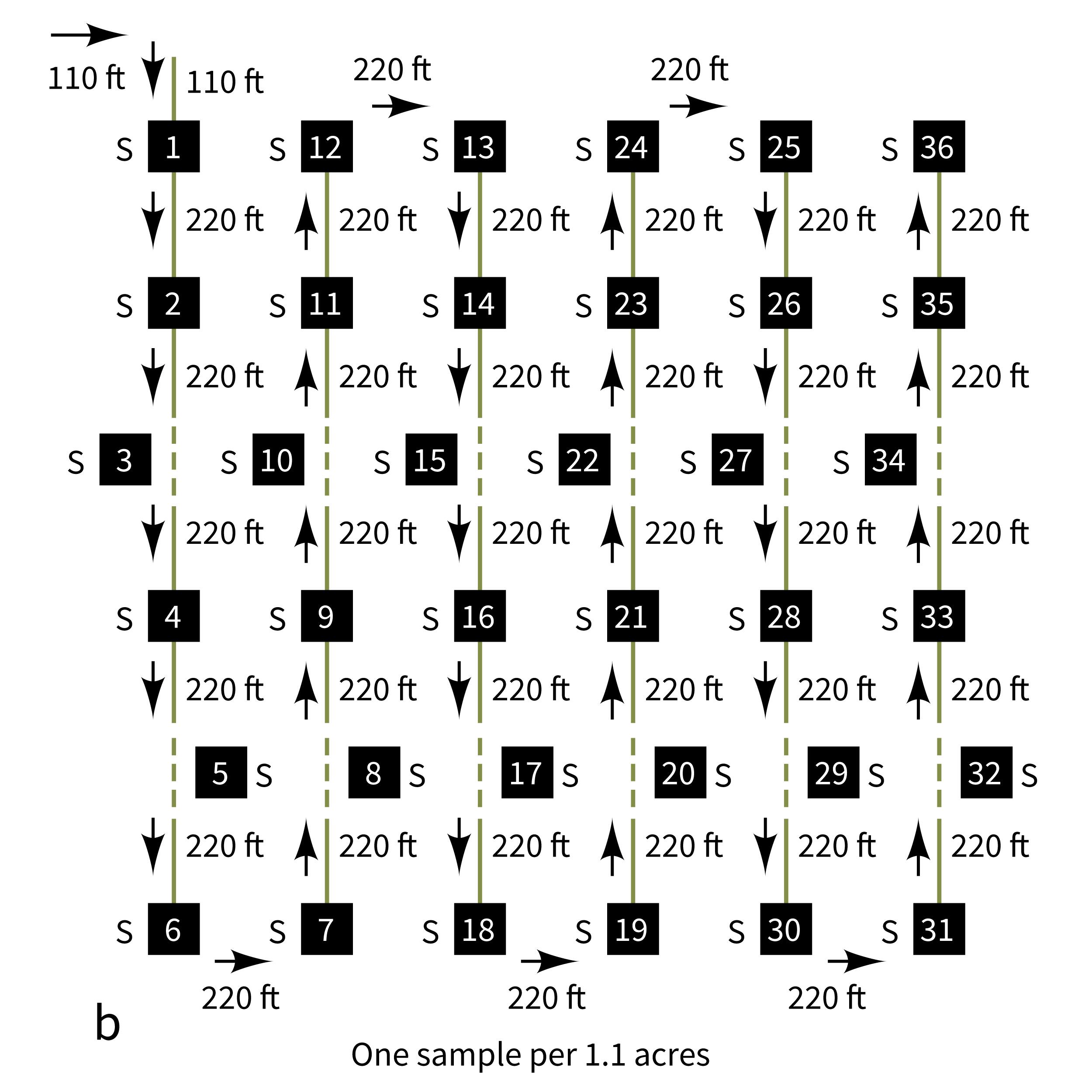 diagram showing how to collect soil samples in a short range where large variations are present