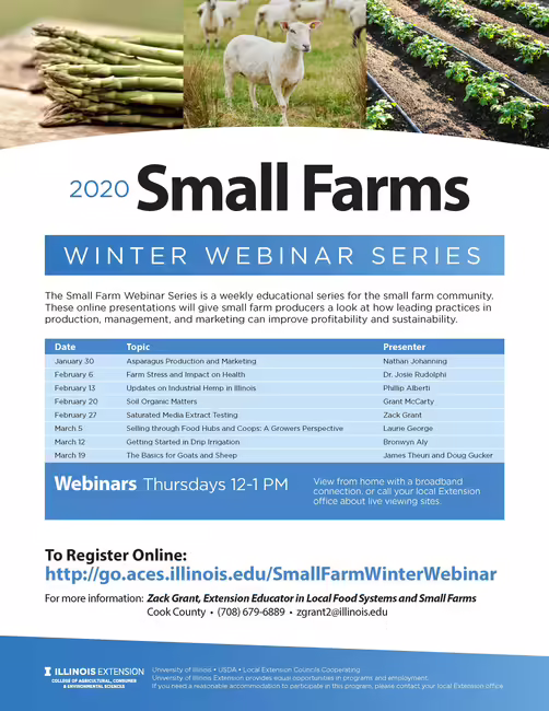 blue and white flyer announcing Webinar dates, authors, and topics