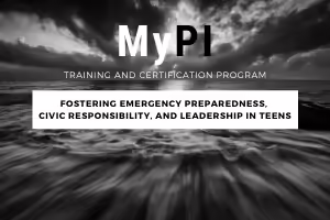 black and white photo of turbulent waves and cloudy sky with MyPI training info over the top