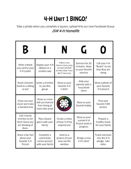 Bingo card with activities in each square