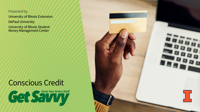 Get Savvy webinar Conscious Credit. Hand holding a credit card in front of open laptop