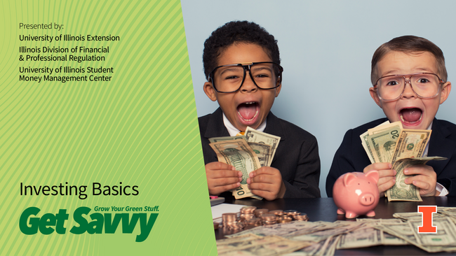 Get Savvy webinar Investing Basics. Two young children dressed in business suits and wearing glasses holding money in excitement.