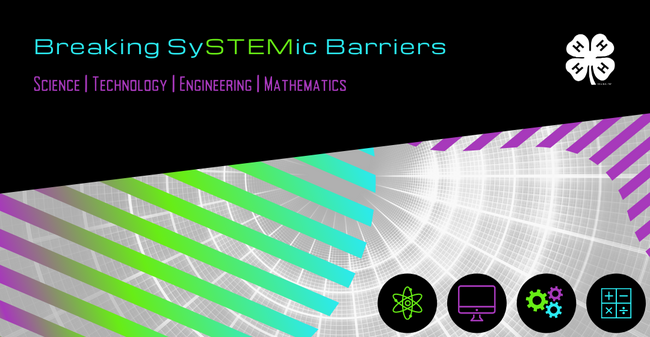 Blue, Purple, and Green graphics with STEM images.