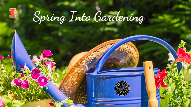 Spring Into Gardening, watering can, flowers, and straw hat