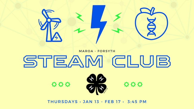 yellow background with bright blue wind mill, lightening bolt, apple, text "STEAM CLUB", and text "THURSDAYS JAN 13 - FEB 17 3:45 PM" neon green flashes by the lightening bolt and bolt shapes, black and white 4-H Clover