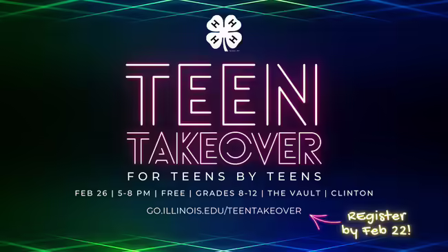 Black, blue & green background, White clover, Purple text "Teen Takeover", White text "For teens by teens, Feb 26, 5 to 8 PM, Free, Grades 8 to 12, The Vault, Clinton, Shortlink, Register by Feb 22
