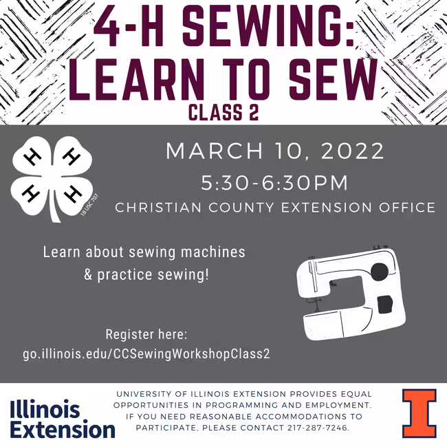 4-H Sewing: Learn to Sew taking place on March 10, 2022 from 5:30-6:30 PM