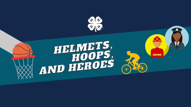 Navy background with basketball, bicycle and hereos