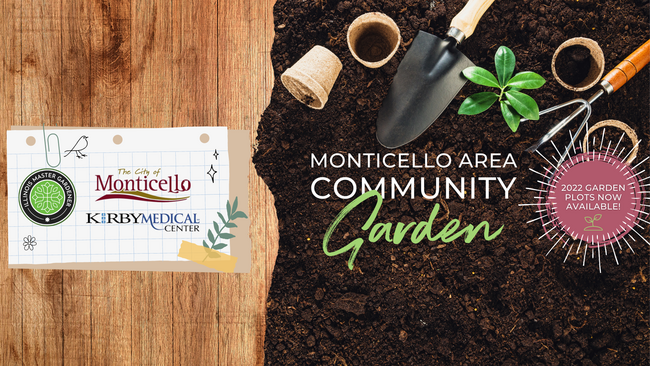 garden tools, City of Monticello, Master Gardener, and Kirby Medical Center logos