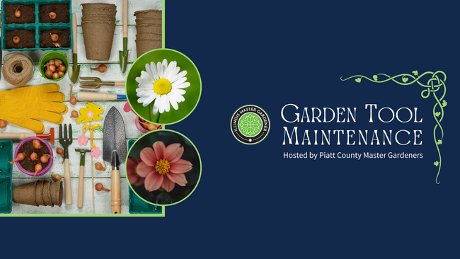 garden tools and pots, closeup of 2 flowers, Master Gardener logo
