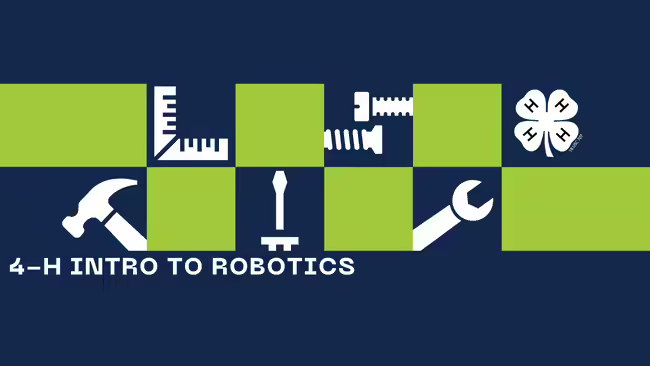 graphic of hammer, square, screwdriver, wrench, nails, 4-H clover, blue and green squares