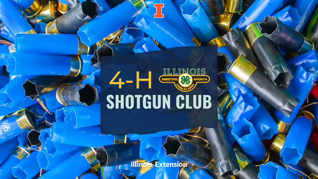 Blue shotgun shells background with Orange Big I in the middle at the top, White text "Illinois Extension" at the bottom in the middle, Navy opaque awkward rectangle with yellow text "4-H", light green text "shotgun club", and image of Illinois 4-H Shooting Sports Learn by Doing Graphic