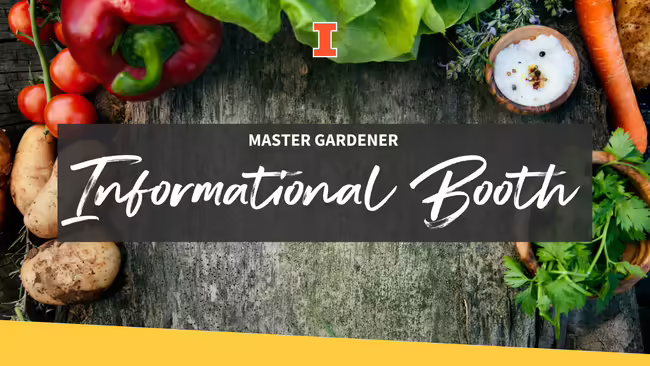 Different vegetables, herbs, and spices laid out on a dark gray table. Text in the middle reads Master Gardener Informational Booth