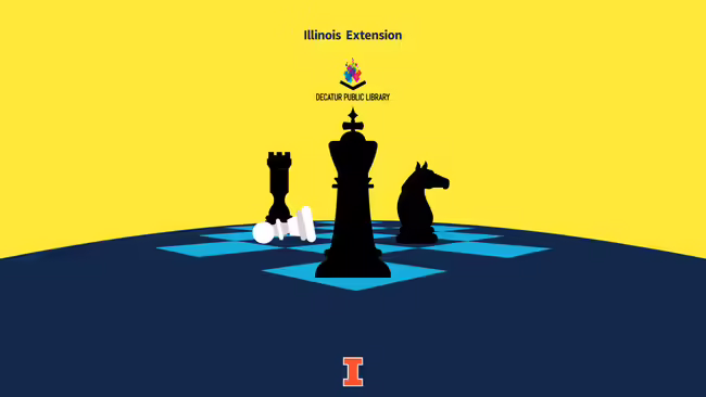 Yellow and navy background with black and white chess pieces