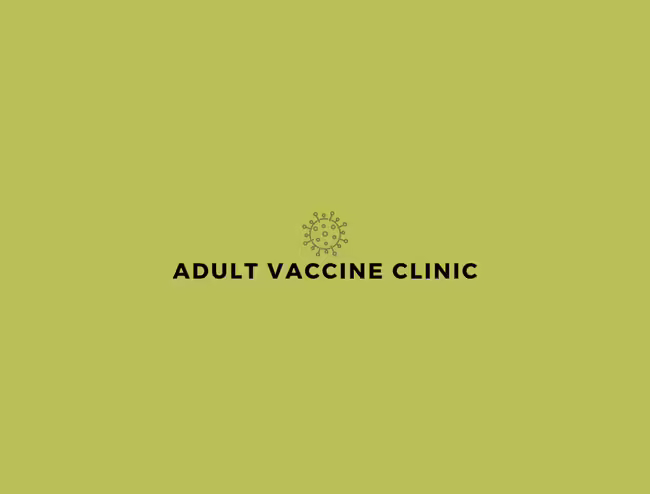 Image of COVID virus and Adult Vaccine Clinic text