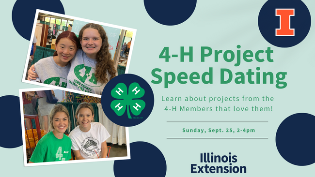 Two photos of two friends in 4-H shirts posing for pictures. "4-H Project Speed Dating. Learn about projects from the 4-H Members that love them!"