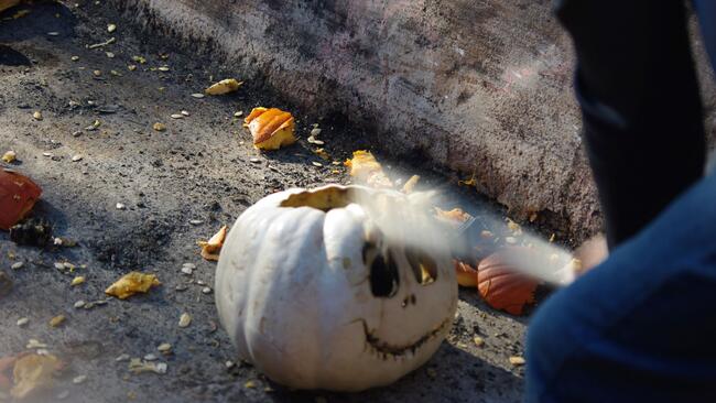 carved pumpkin being smashed by a bat