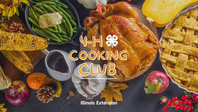 Green beans, corn, apples, gourds, pumpkin, turkey, leaves, pie, cranberry sauce, and pine cones with text "4H Cooking Club"