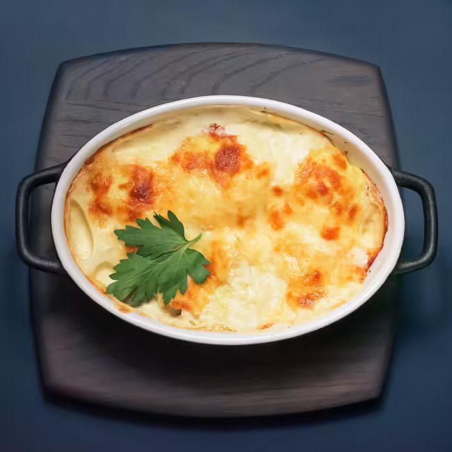 Casserole on cutting board with parsley in it