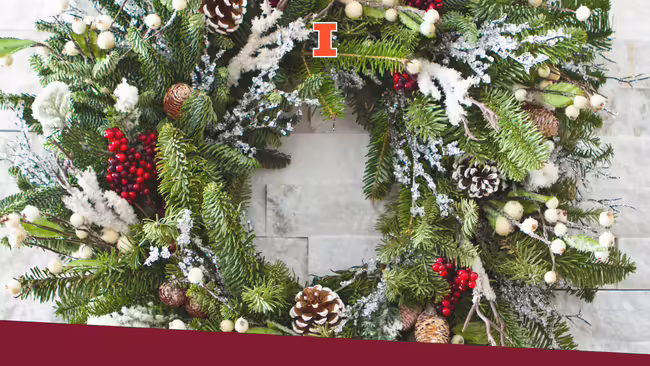 An evergreen wreath with pinecones and red and white berries.