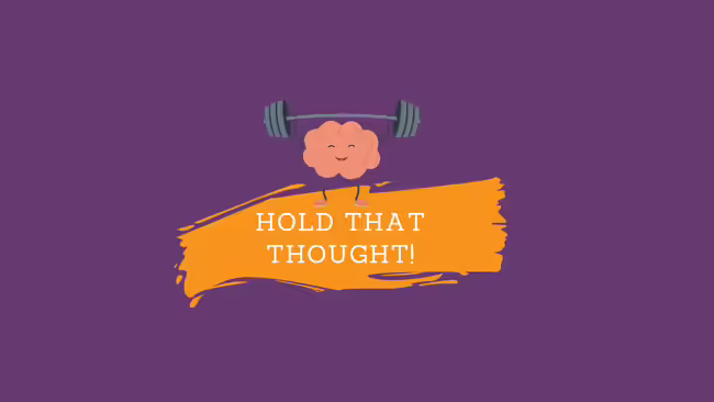 Brain lifting weights with "hold that thought" text.