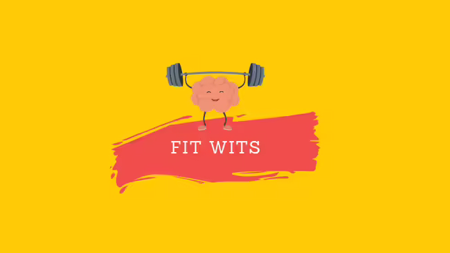 A brain lifting weights with "fit wits" text.