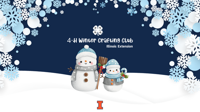 Navy blue and white background with snowflakes and snowmen, including text "4 H Winter Crafting Club"