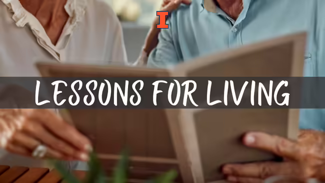 Senior couple sitting in a restaurant reading a menu. Text in middles reads Lessons for Living