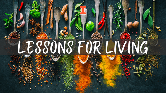 Colorful various spices and herbs for cooking on dark background. Text in middles reads Lessons for Living