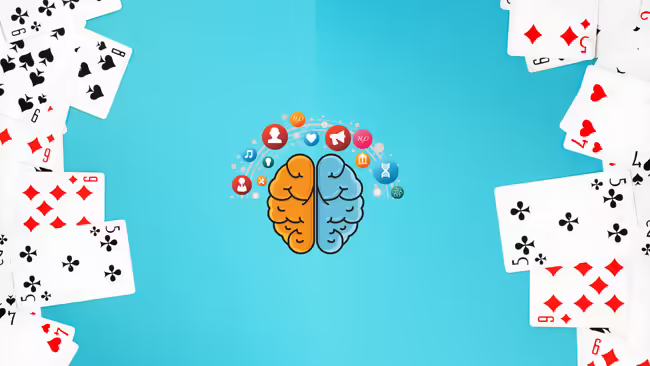 A graphic of a brain with cards surrounding it.