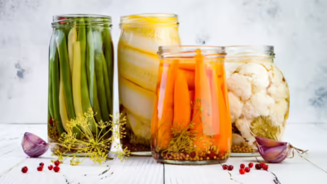 Image of jars of pickles, carrots, and cauliflower