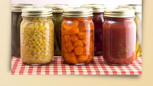 Corn, carrots and sauce in glass jars