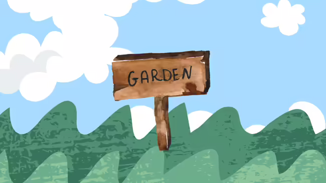 A garden sign in the center with a sky background and grass foreground