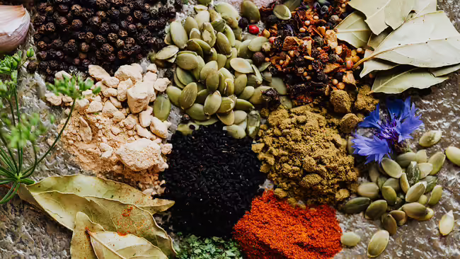 herbs and spices on a table